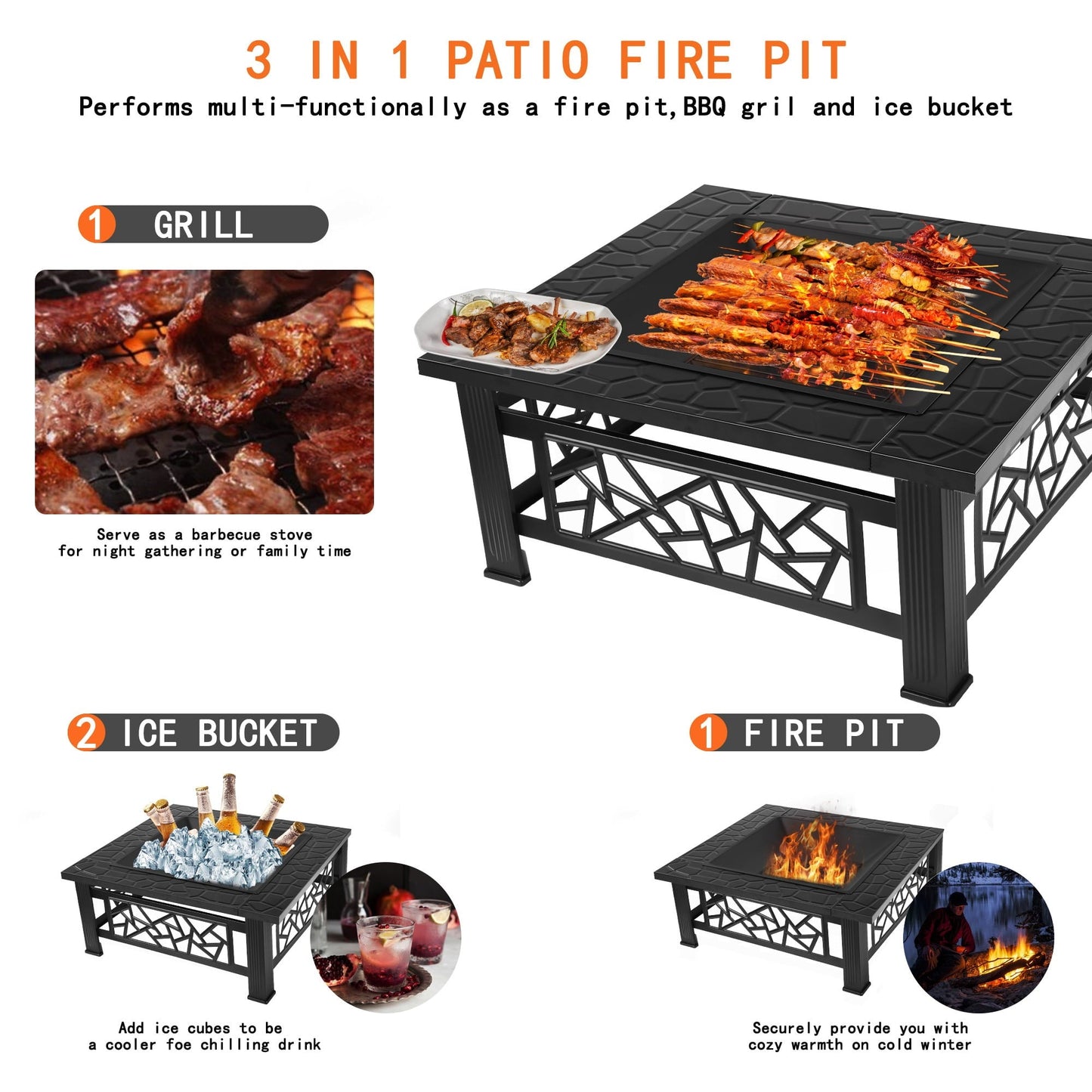 UHOMEPRO Fire Pit for Outside, 32" Square Fire Pit Table with BBQ Net, Mesh Lid, Poker and Cover, Wood Burning Outdoor Heating Fire Pit Stove for Patio, Backyard, Camping, Black - Home OXO