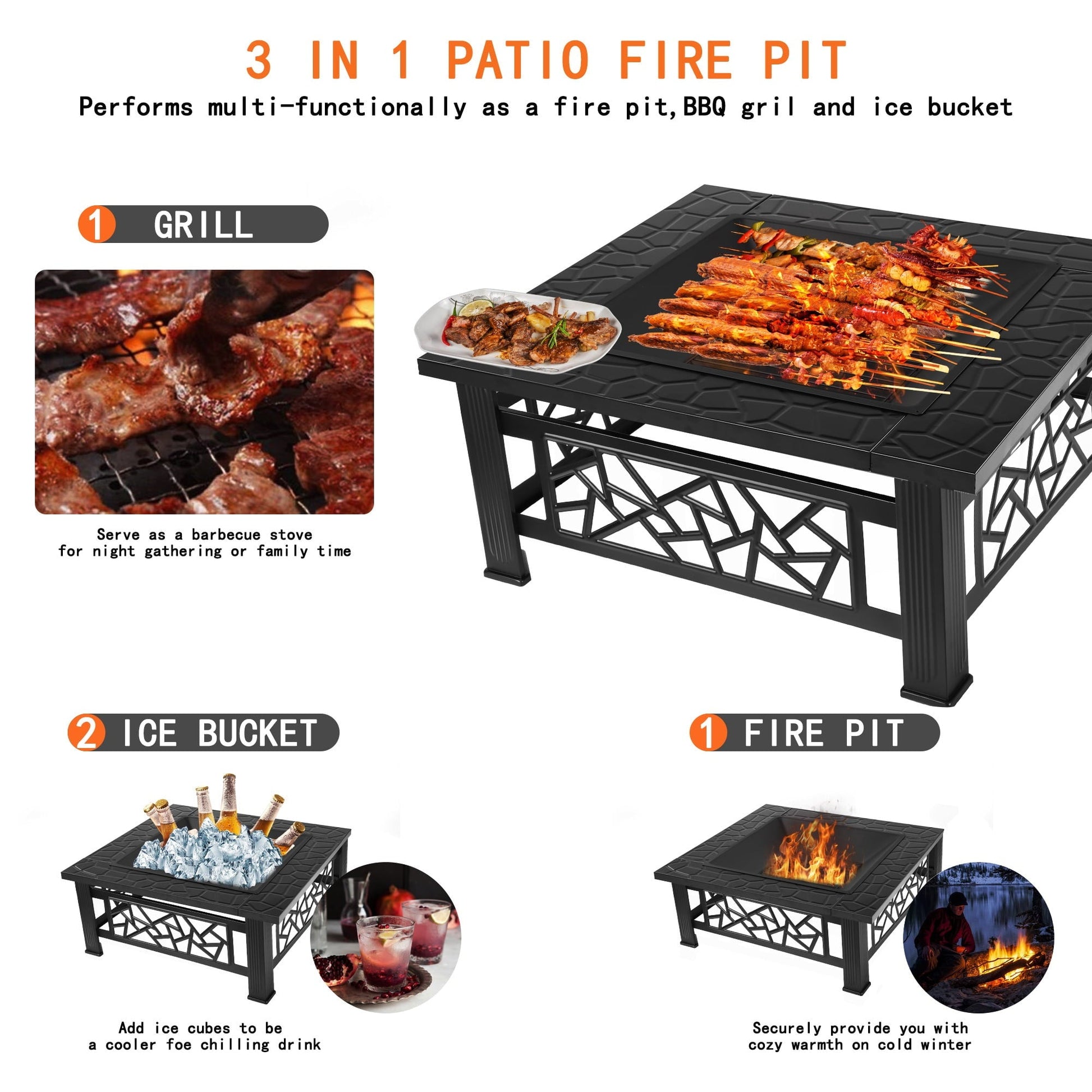 UHOMEPRO Fire Pit for Outside, 32" Square Fire Pit Table with BBQ Net, Mesh Lid, Poker and Cover, Wood Burning Outdoor Heating Fire Pit Stove for Patio, Backyard, Camping, Black - Home OXO