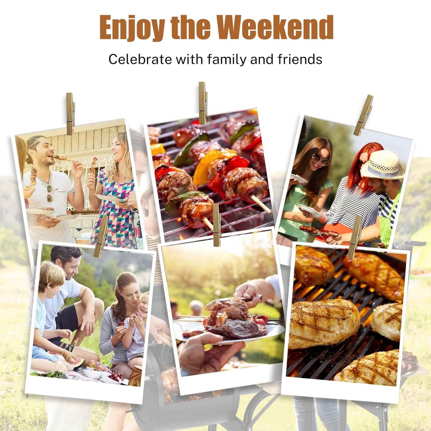 Seizeen Charcoal Grill with Thermometer & Large Cooking Space, Smoker Grill, BBQ Grills for Camping & Picnic, Iron, black