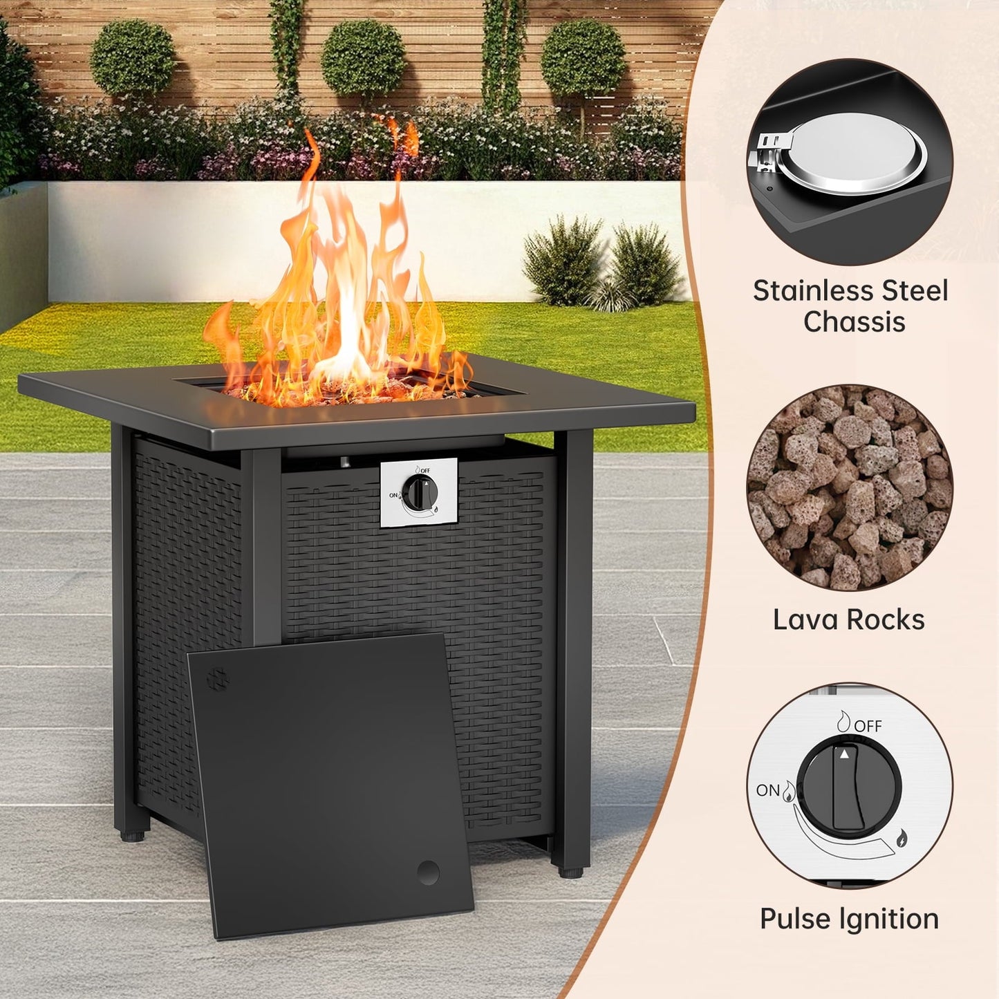 KingChii 28 inch Propane Fire Pit with Lid and Lava Rock, 50,000 BTU Steel Gas Fire Pit Table for Outdoor, Garden, Patio and Backyard, Black - Home OXO