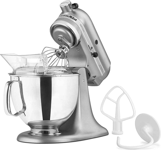 KitchenAid KSM150PSCU Artisan 5 Qt. 10-Speed Silver Stand Mixer with Flat Beater, 6-Wire Whip and Dough Hook Attachments