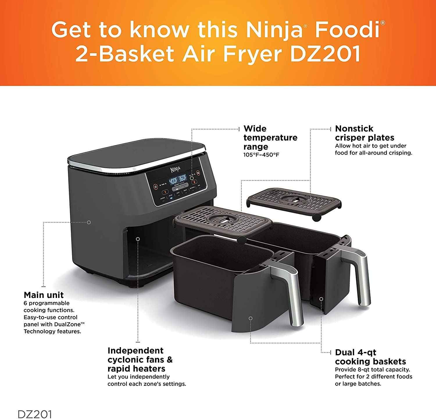 Ninja DZ100 Foodi 4-in-1 8-qt. 2-Basket Air Fryer with DualZone Technology