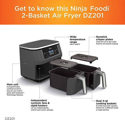 Ninja DZ100 Foodi 4-in-1 8-qt. 2-Basket Air Fryer with DualZone Technology