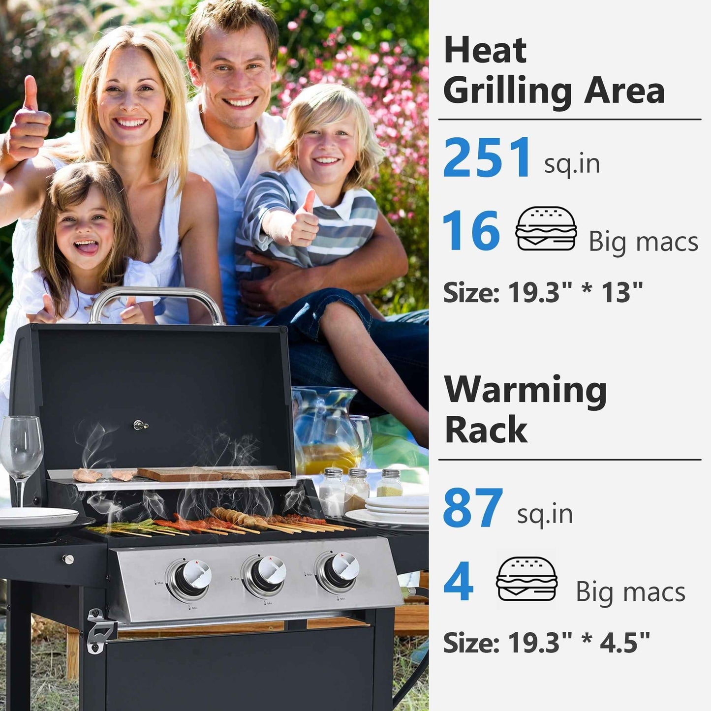 Segmart 3 Burner BBQ Propane Gas Grill, Stainless Steel 25,650 BTU Patio Garden Barbecue Grill with Side Tables, Bottle Opener & Thermometer, Perfect for Camping, Outdoor Cooking