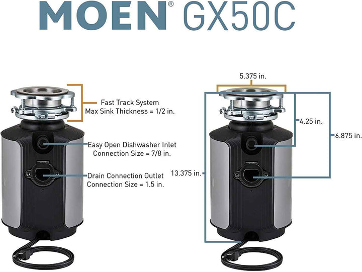 Moen GX50C Prep Series 1/2 HP Continuous Feed Garbage Disposal with Sound Reduction, Power Cord Included, Black