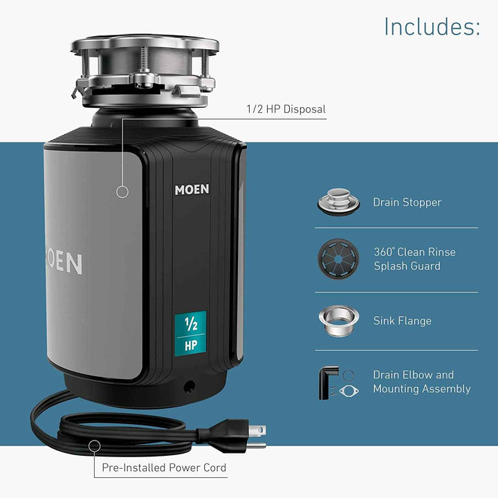 Moen GX50C Prep Series 1/2 HP Continuous Feed Garbage Disposal with Sound Reduction, Power Cord Included, Black