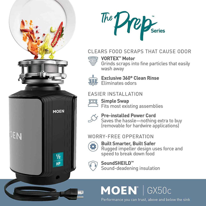 Moen GX50C Prep Series 1/2 HP Continuous Feed Garbage Disposal with Sound Reduction, Power Cord Included, Black