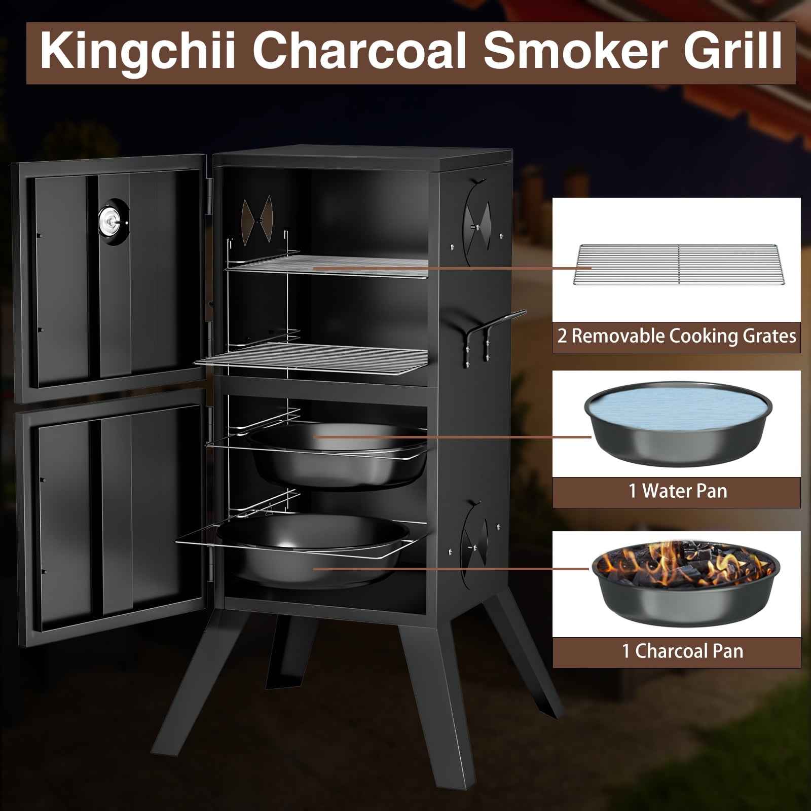 Kingchii Vertical Charcoal Smoker BBQ Grill with Built-in Thermometer, Portable Smoker for Backyard, Camping, Barbecue, and Outdoor Grilling