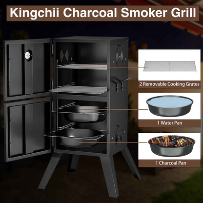 Kingchii Vertical Charcoal Smoker BBQ Grill with Built-in Thermometer, Portable Smoker for Backyard, Camping, Barbecue, and Outdoor Grilling