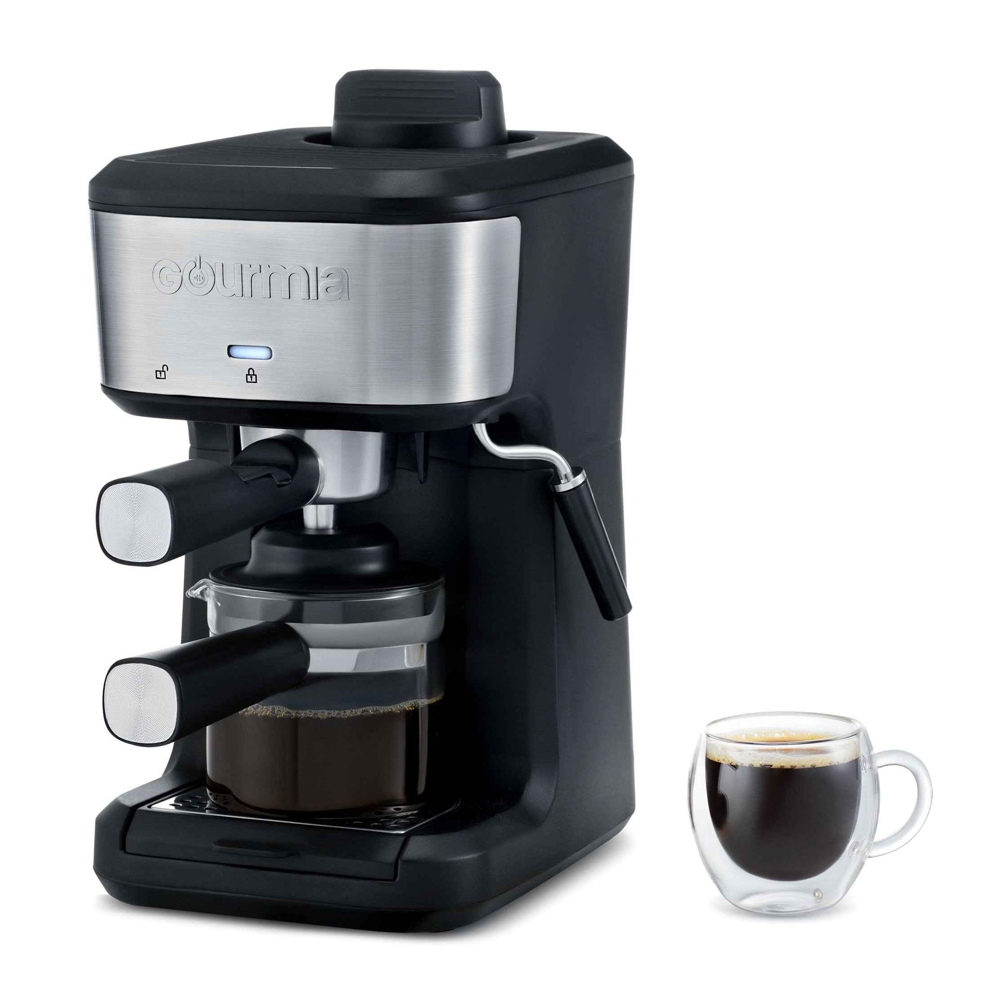 Gourmia 4-Shot Steam Espresso, Cappuccino, and Latte Maker with Frothing Wand, Black, New