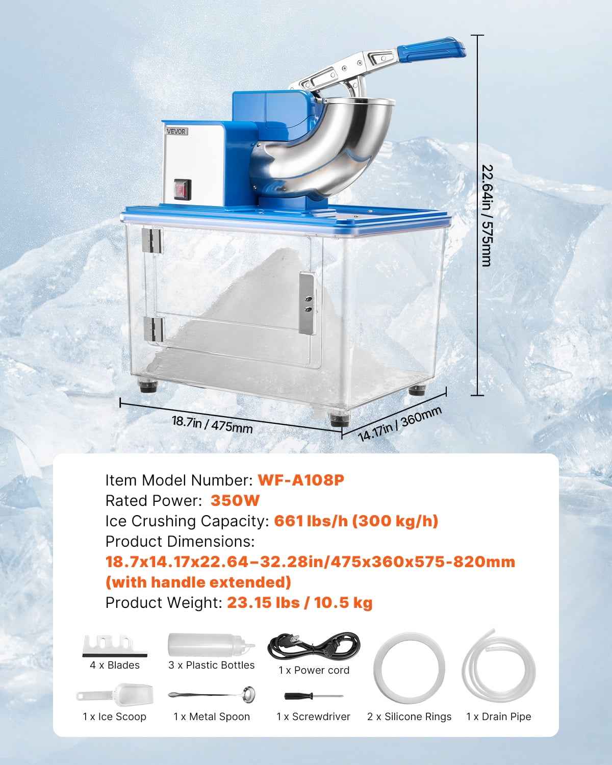 VEVOR Commercial Ice Crusher 661LBS/H, 350W Electric Snow Cone Machine with 4 Blades, 2000RPM Stainless Steel Shaved Ice Machine with 11 Gal Crushed-Ice Box