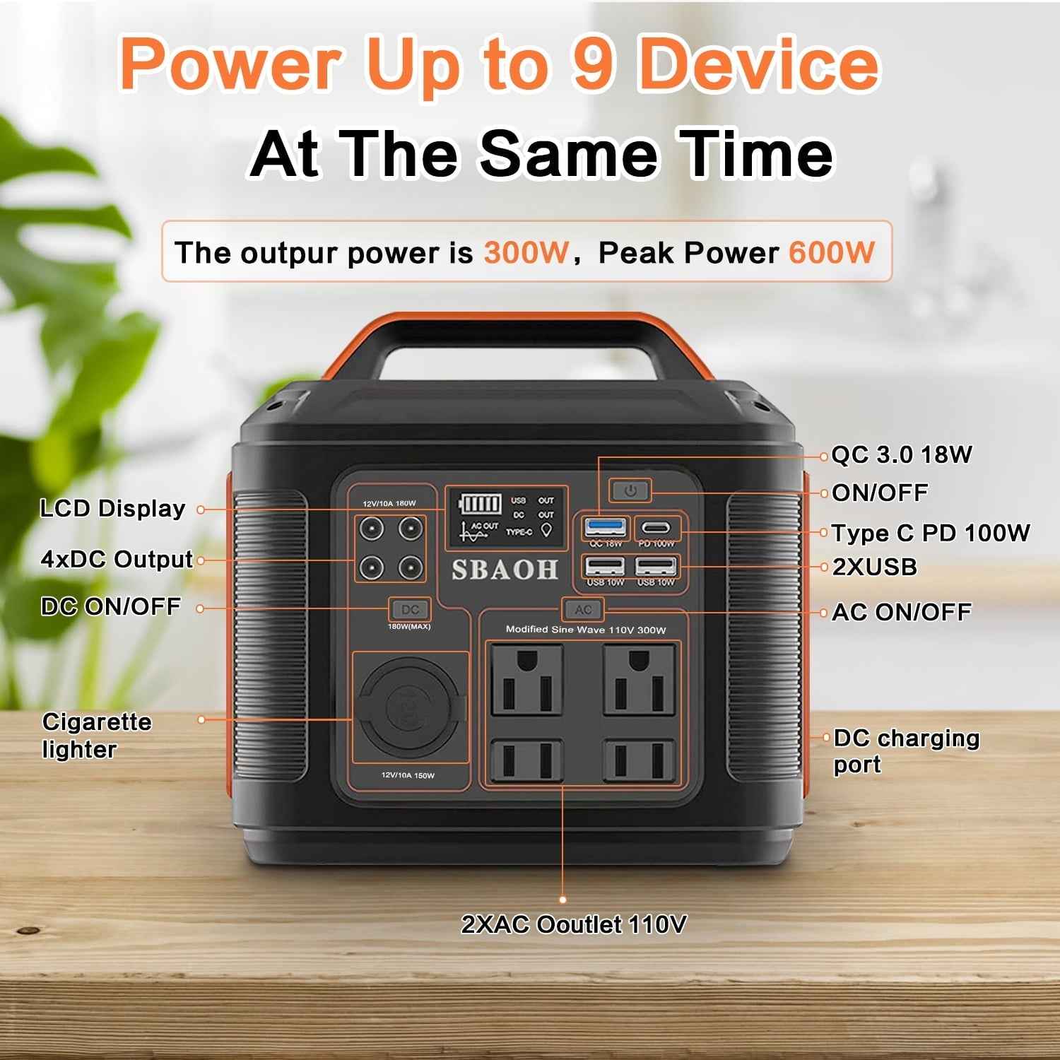 SBAOH Portable Power Station P302,296Wh Lithium Battery Generator Solar with 300W AC Outlets for Outdoor Camping RV Home
