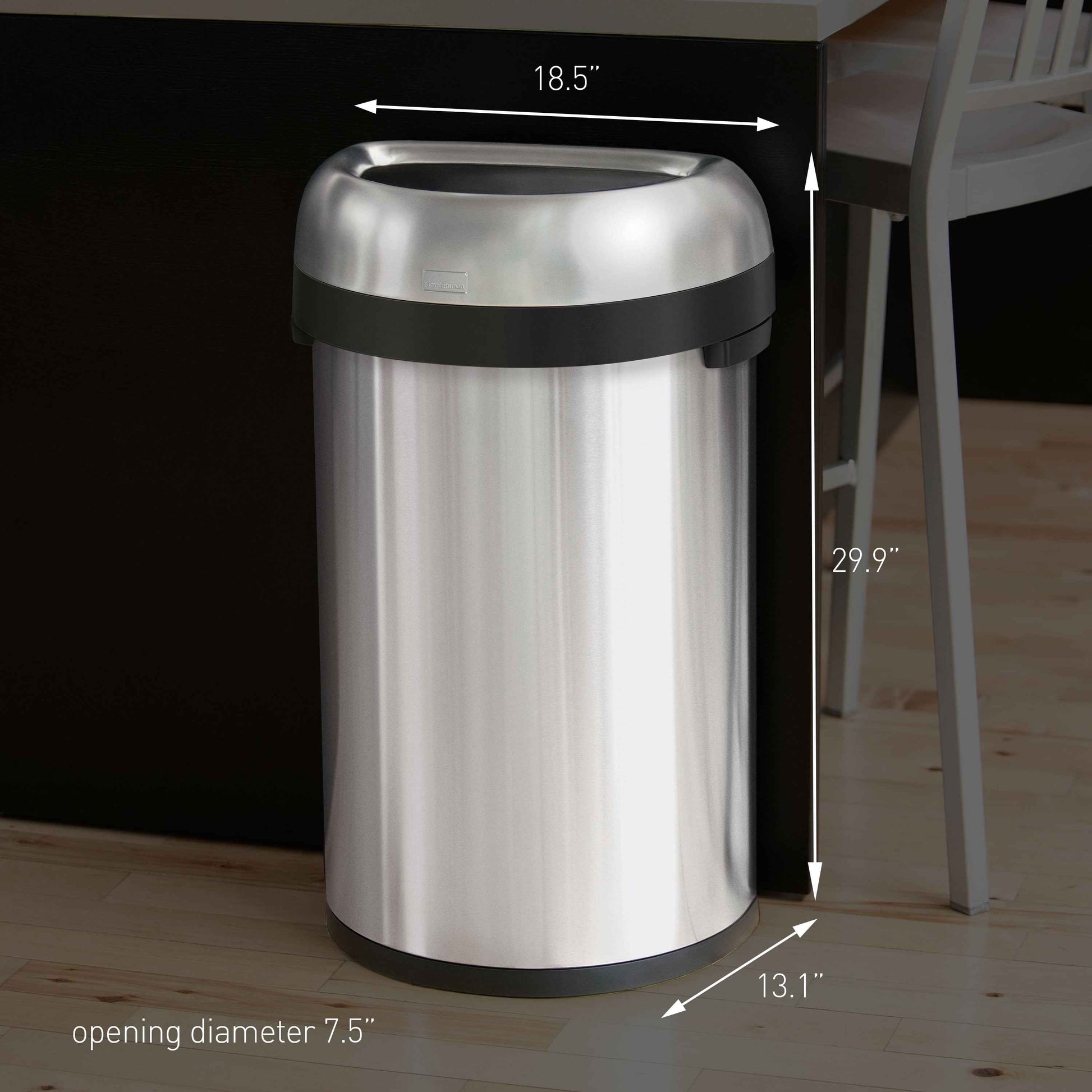 simplehuman 60 Liter / 15.9 Gallon Large Semi-Round Open Top Trash Can, Commercial Grade Heavy Gauge Brushed Stainless Steel