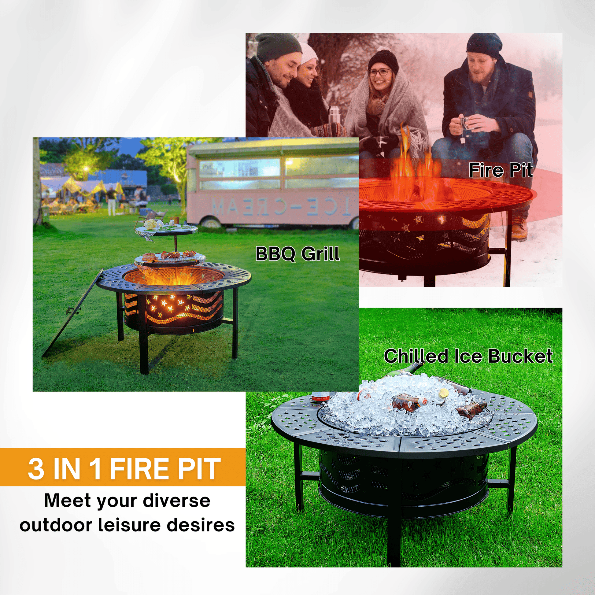 TrumanPick Fire Pit for Outside 42" Wood Burning Fire Pit Tables with 2 Adjustable Swivel BBQ Grills, Lid, Poker for Patio Backyard BBQ Ice Storage - Home OXO