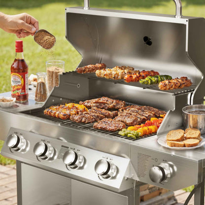 SKOK 4 Burner Propane Gas BBQ Grill with Side Burner, 58000 BTU Output for Outdoor Cooking Kitchen and Patio Backyard Barbecue