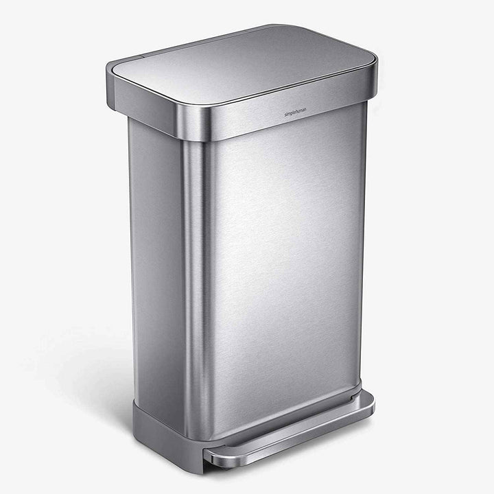 simplehuman CW2024 45-Liter Nano-Silver Clear Coat Brushed Stainless Steel Rectangular Liner Rim Step-On Trash Can