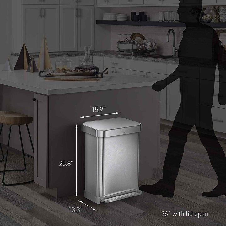 simplehuman CW2024 45-Liter Nano-Silver Clear Coat Brushed Stainless Steel Rectangular Liner Rim Step-On Trash Can