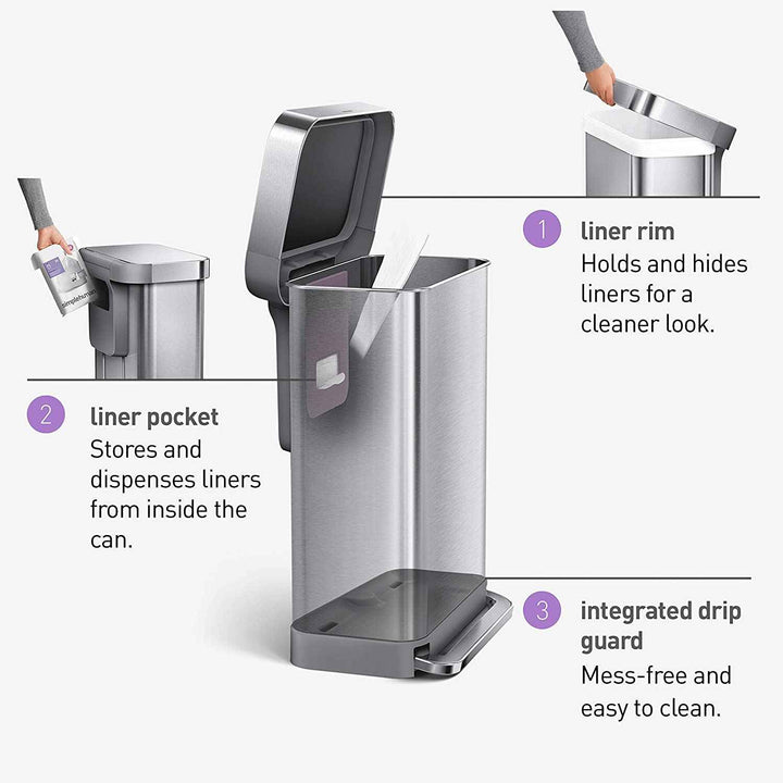 simplehuman CW2024 45-Liter Nano-Silver Clear Coat Brushed Stainless Steel Rectangular Liner Rim Step-On Trash Can