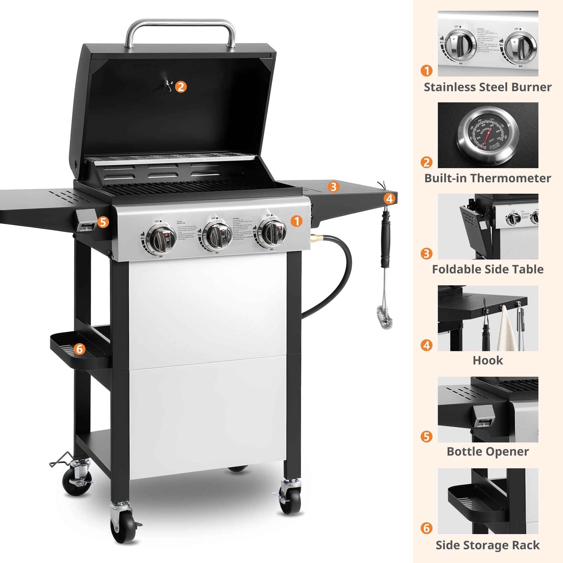 Enyopro 3-Burner Propane Gas Grill, 30000 BTU BBQ Grill with Foldable Side Table, Stainless Steel Warming Rack, Hooks, and Built-In Bottle Opener for Outdoor Barbecue