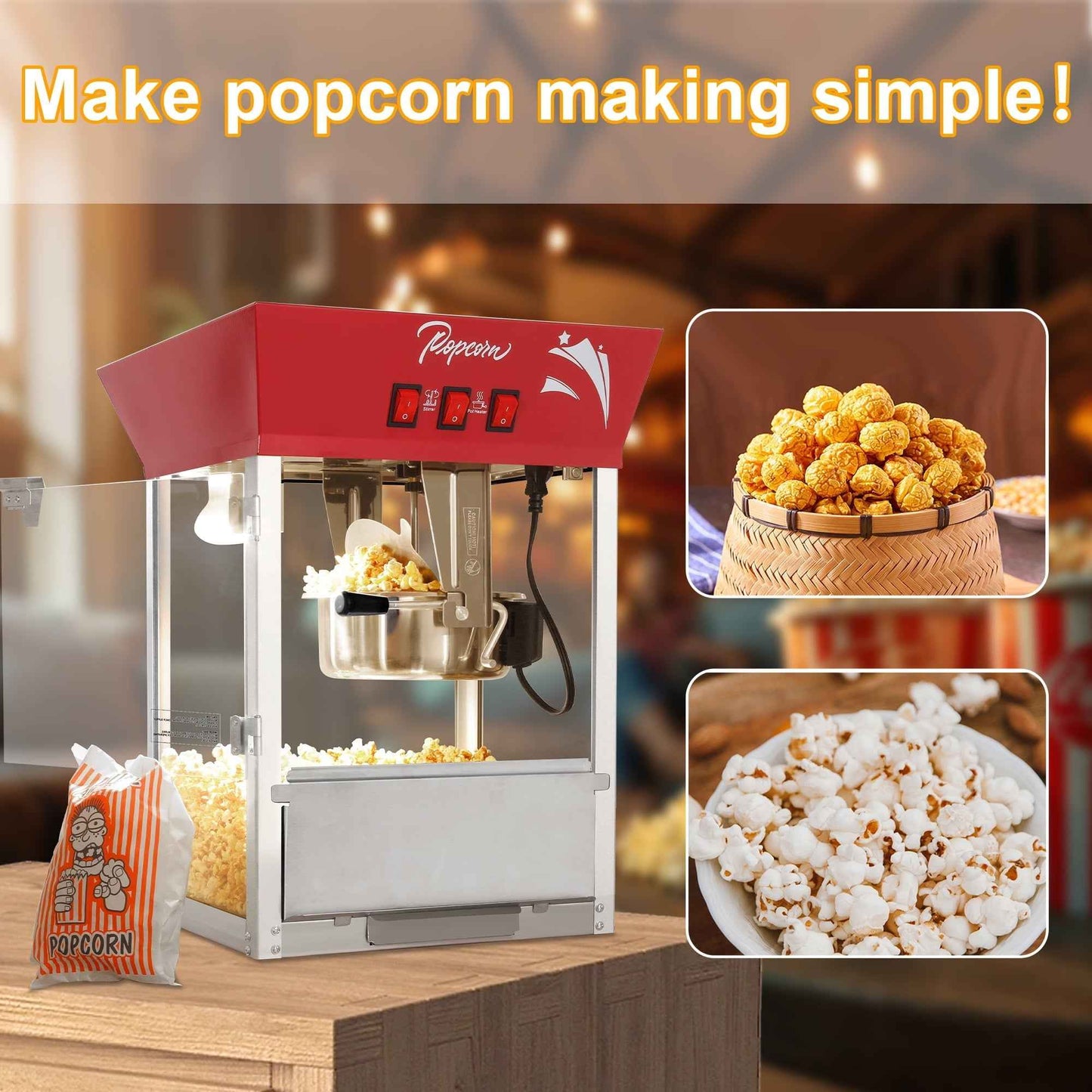 Commercial Popcorn Maker Machine, Enyopro 12oz Kettle Stainless Steel Popcorn Machine with Tempered Glass, Warming Deck, 850W Countertop Popcorn Popper for Movie Theatre, Parties