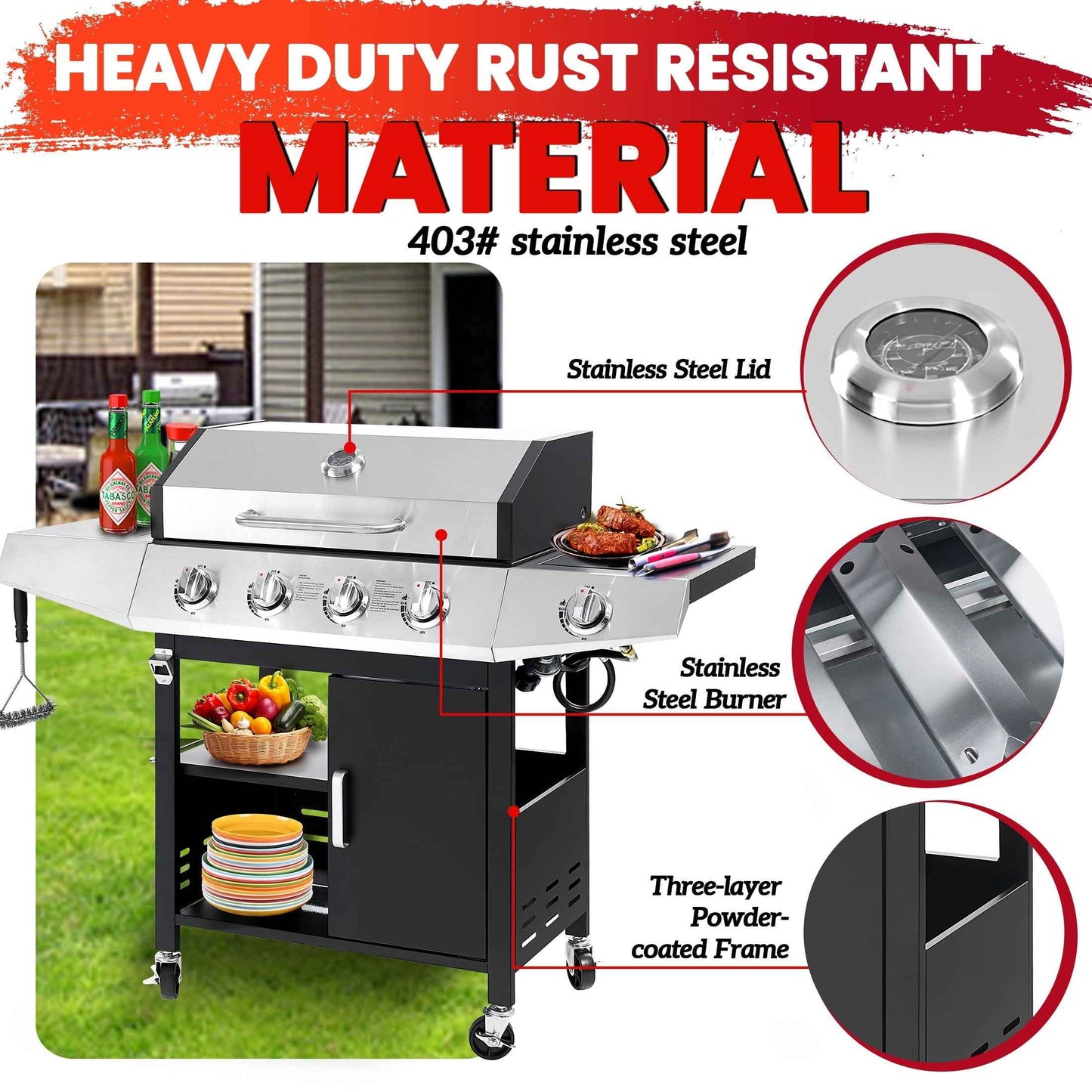 Seizeen 4-Burner Stainless Steel Gas Grill with Side Burner, 46,790 BTU, Enameled Cast Iron Grate, Outdoor BBQ