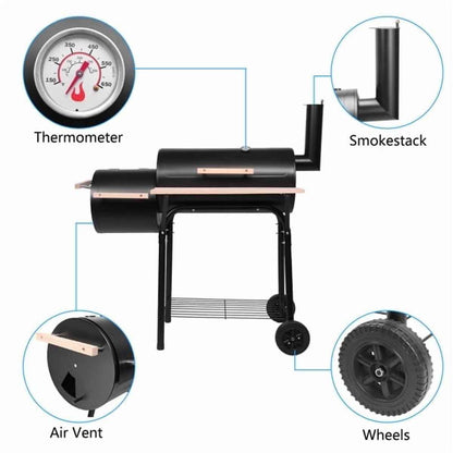 YDLW Charcoal Offset Smoker Grill - Family-Size 4-6 Person BBQ with Temperature Control & Portable Wheels