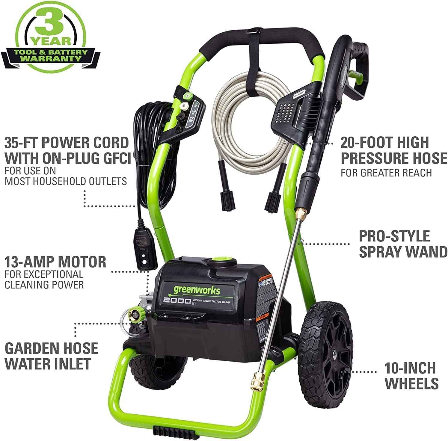 Greenworks 2000 Max PSI, 1.1 GPM (13 Amp) Electric Pressure Washer GPW2000-1RG