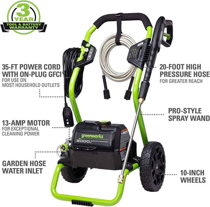 Greenworks 2000 Max PSI, 1.1 GPM (13 Amp) Electric Pressure Washer GPW2000-1RG