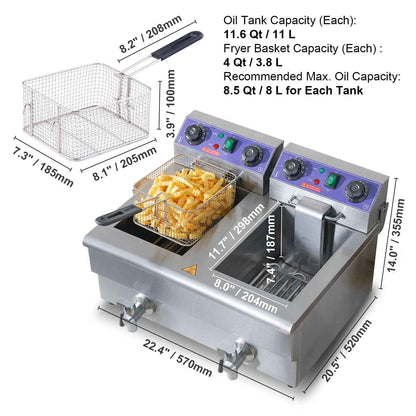 KFFKFF Industrial Dual Chamber Fryer, 3000W Electric Tabletop Cooking Unit with Basket, 2 x 11.6Qt/11L Twin Stainless Steel Oil Fryer with Oil Purification, Adjustable Time & Temperature