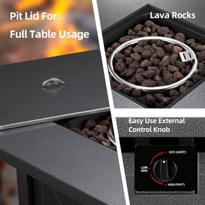 LHRIVER 28" Outdoor Propane Fire Pit Table, 40000 BTU  Steel Gas Fire Pit with Removable Lid, Lava Rocks & Rain Cover - Home OXO