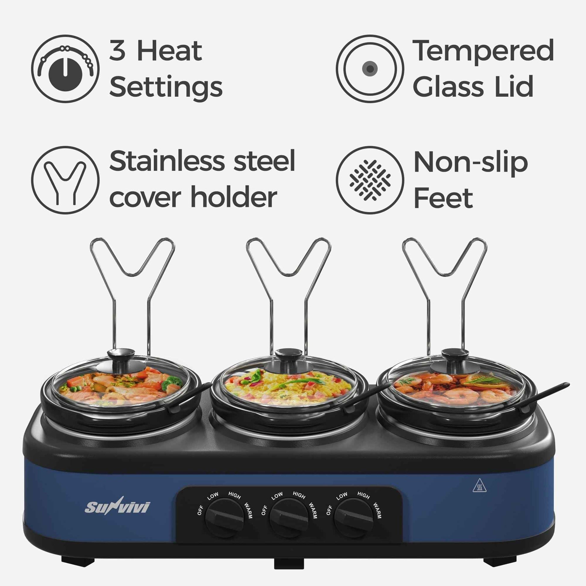 May in Color Triple Slow Cooker Food Warmer, 3 Removable Ceramic Pots (2.5 QT Each), Adjustable Temp & Stainless Steel Lids, Blue