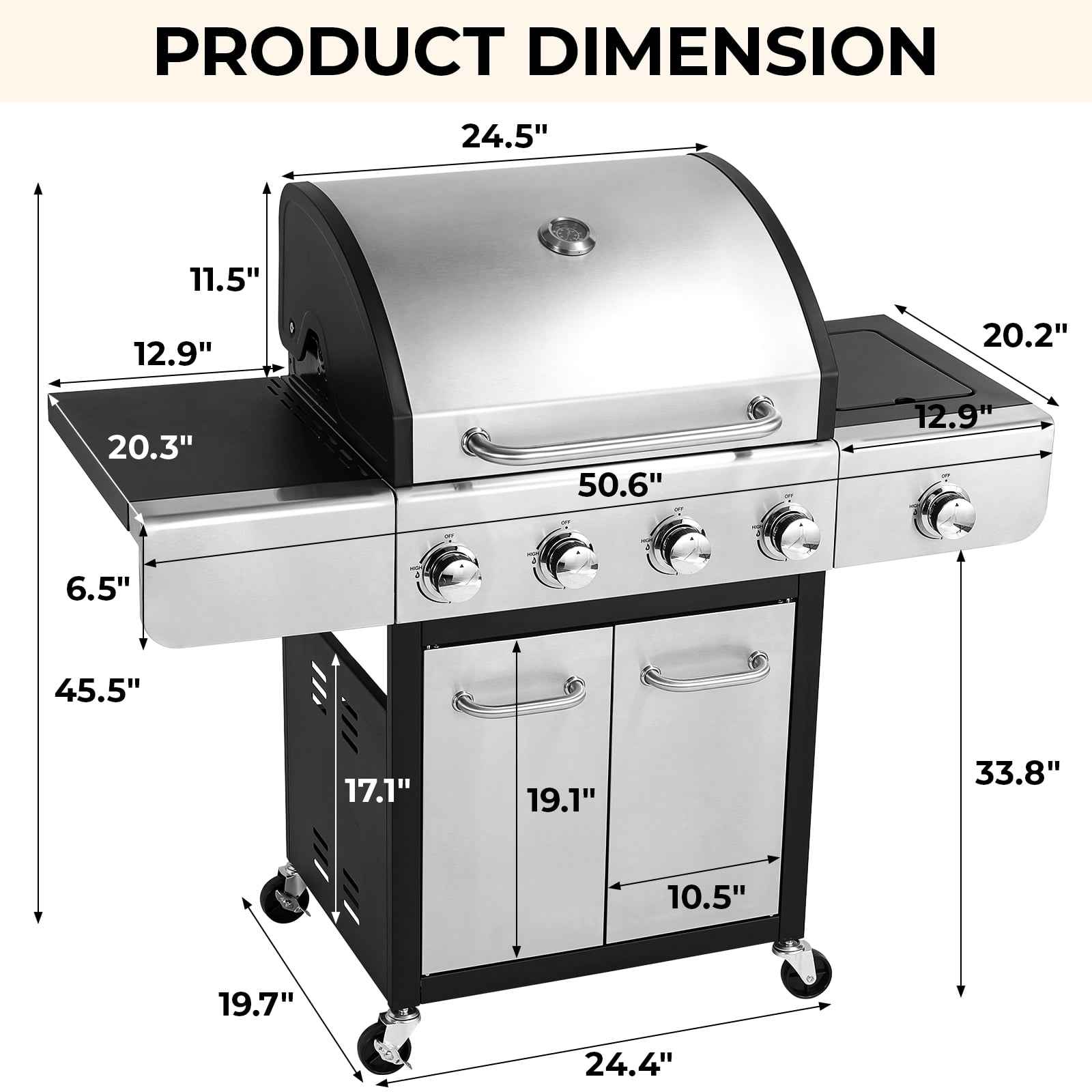 Pirecart 4 Burner Propane Gas Grill Stainless Steel BBQ Grill with 12,000 BTU Side Burner for Outdoor Cooking Kitchen and Patio Backyard Barbecue