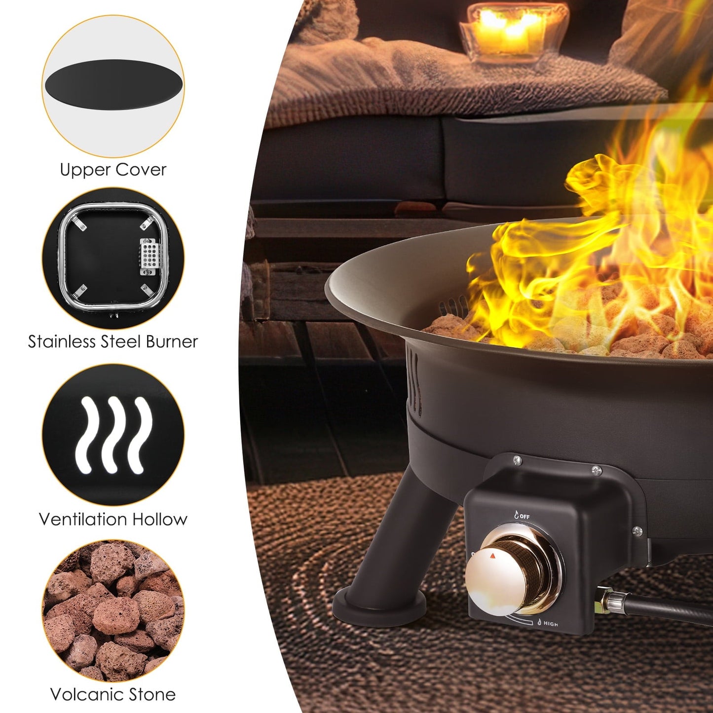 Pirecart 24 inch Portable Fire Pit 58,000 BTU Outdoor Propane Gas Fire Pit Bowl with Cover & Lava Rock - Home OXO