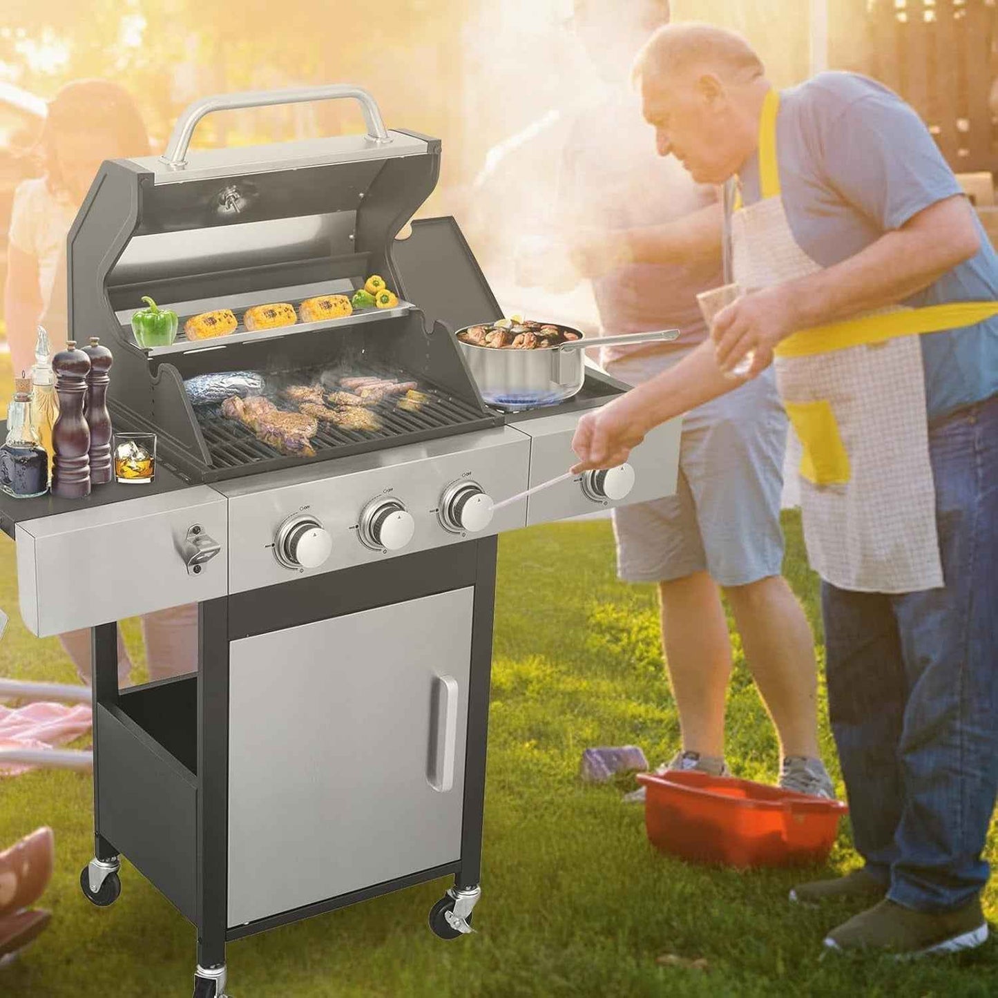 Furnibear 3-Burner Gas Grill Side Burner, Propane Stainless Steel BBQ Grill with Porcelain-Enameled Cast Iron Grates, 37150 BTU Barbecue Grill for Outdoor Cooking