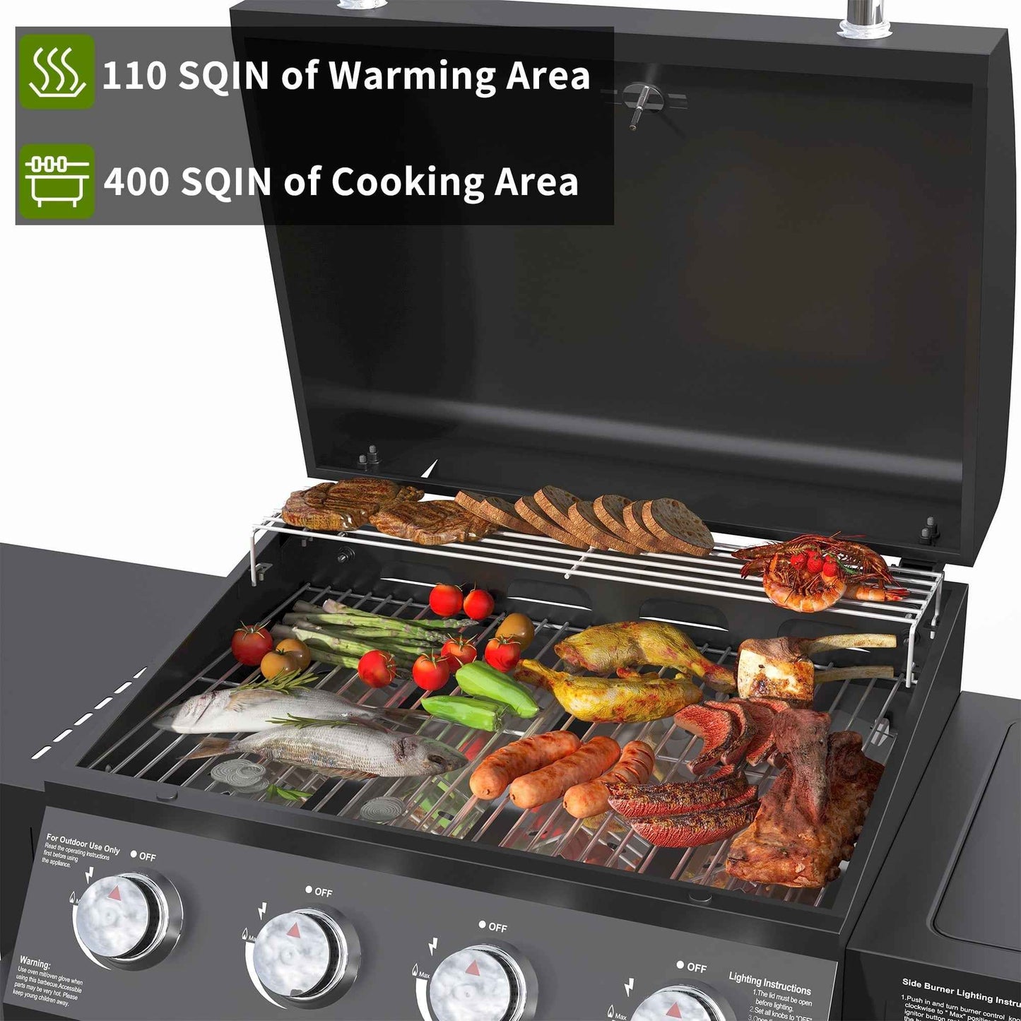 Brefac 4 Burner Propane Gas Grill with 3 Tier Shelf, 50000 BTU Outdoor Cooking Stainless Steel BBQ Grills Cabinet,Can be Placed Smoke Box，Black