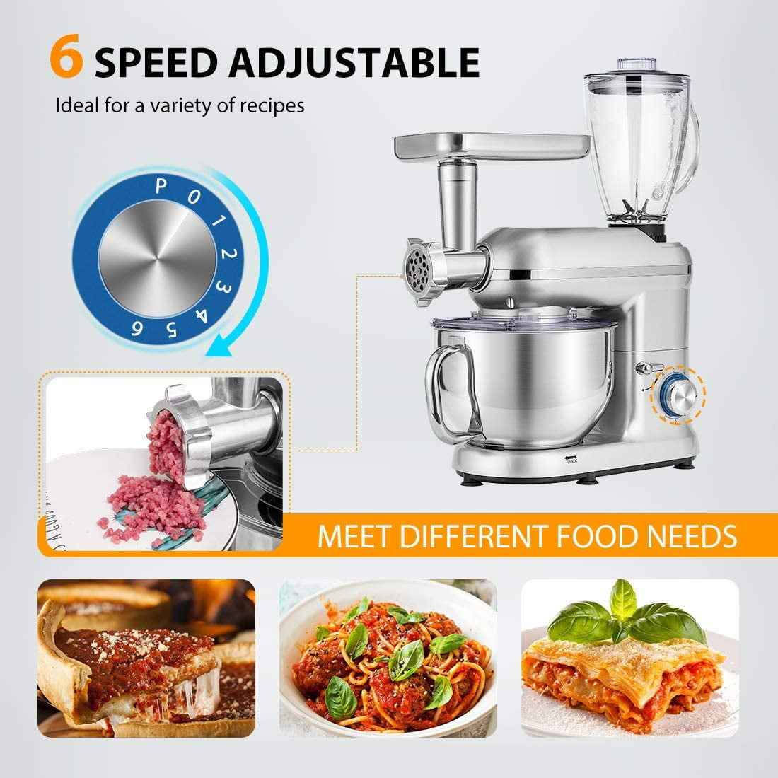 SPECSTAR 3 in 1 Stand Mixer with 6 Quart Stainless Steel Bowl, 650W 6-Speed Tilt-Head Meat Grinder, Silver