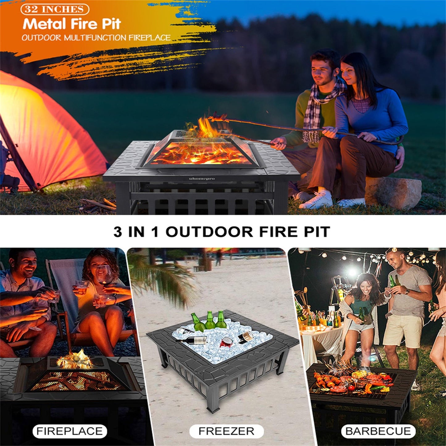 Fire Pits for Outside, UHOMEPRO 32" Square Iron Fire Pit Backyard Patio Garden Stove Wood Burning Fire Pit w/ BBQ Net, Waterprrof Cover, Mesh Screen Lid, Wood Grate, Poker, Durable Fire Pit - Home OXO