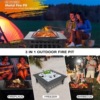 Fire Pits for Outside, UHOMEPRO 32" Square Iron Fire Pit Backyard Patio Garden Stove Wood Burning Fire Pit w/ BBQ Net, Waterprrof Cover, Mesh Screen Lid, Wood Grate, Poker, Durable Fire Pit - Home OXO