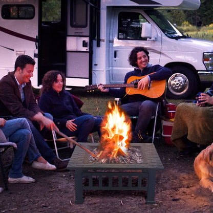 LAZY BUDDY Steel Fire Pits for Outside, 32'' Square Wood Burning Firepit Table with Mesh Lid, BBQ Net, Poker, and Cover for Outdoor Patio Backyard Bonfire Party - Home OXO