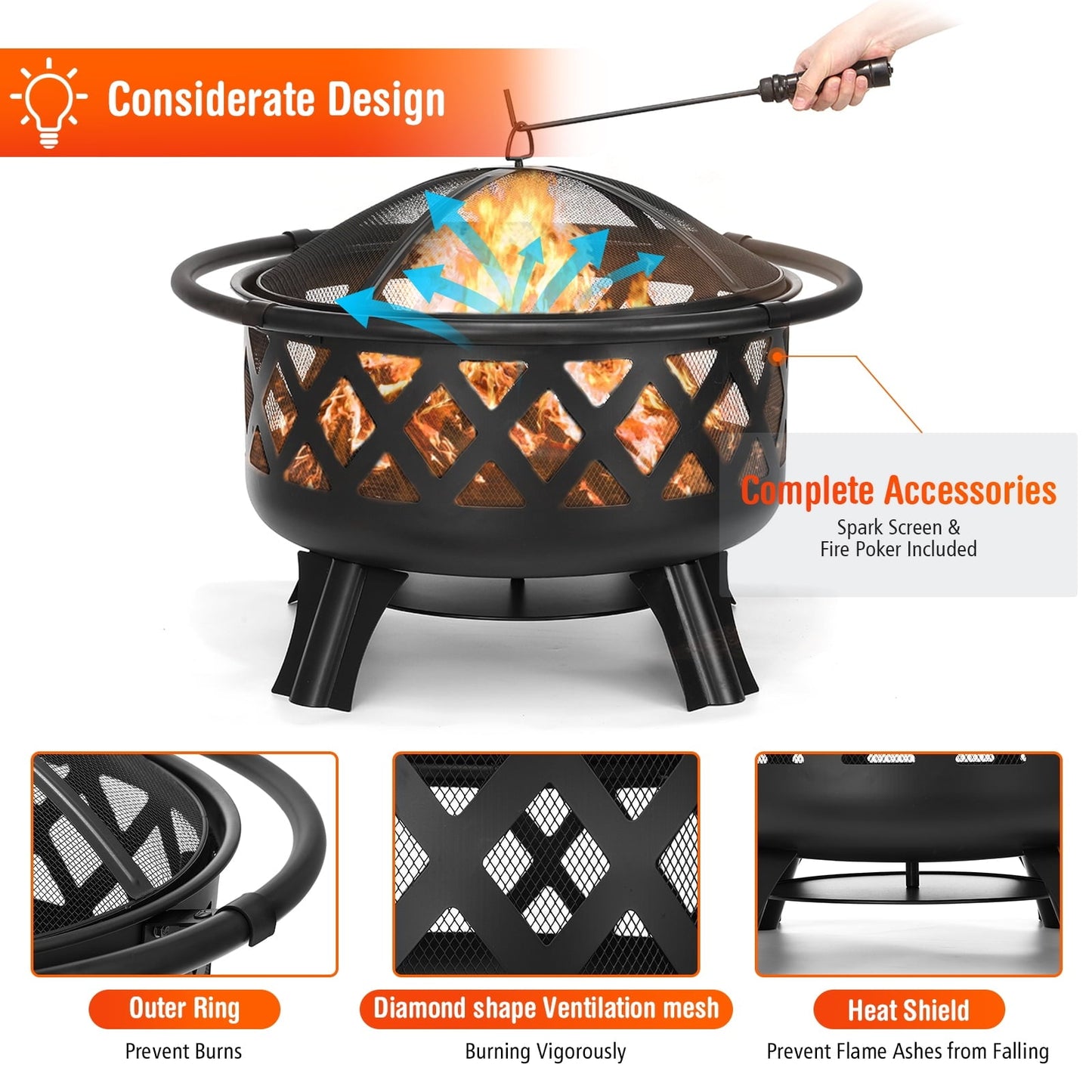 Singlyfire 30 inch Fire Pit for Outside 2 in 1 BBQ Wood Burning Fire Pit for Outdoor Camping Large Fire Pit Wood Bowl Firepit with Grate Spark Screen Log Grate - Home OXO
