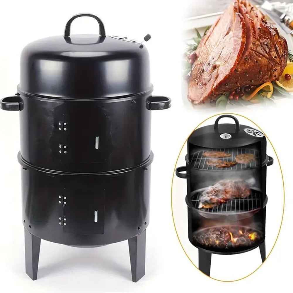 TOPTENG Vertical Charcoal BBQ Smoker, 3-in-1 16" Round Charcoal Barbecue Grill with 2 Cooking Area, and Thermometer for Outdoor Camping Picnic Backyard Cooking, Black