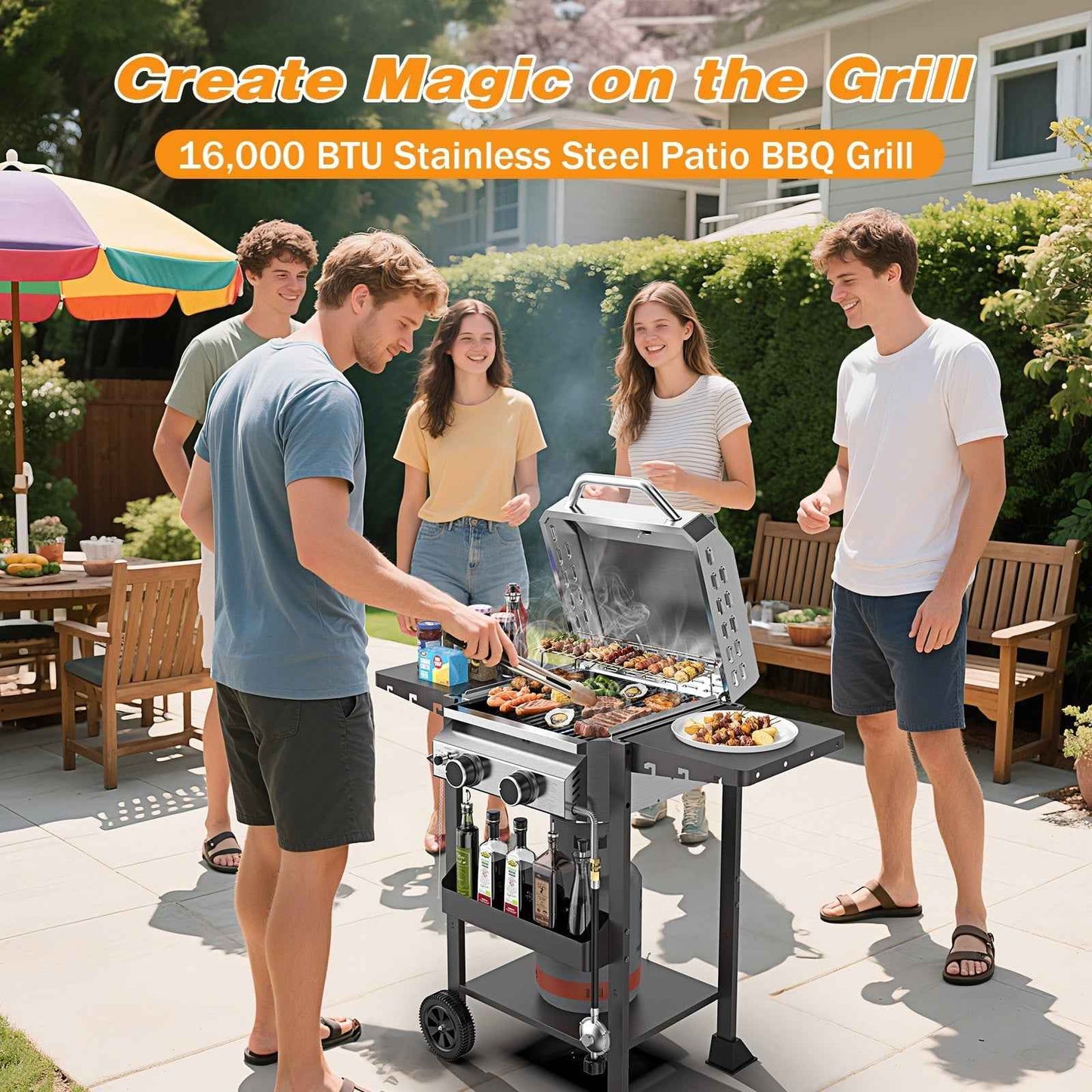 LHRIVER 2 Burner Gas Grill with Side Table, Portable Outdoor Barbecue Cooking BBQ, 16000BTU