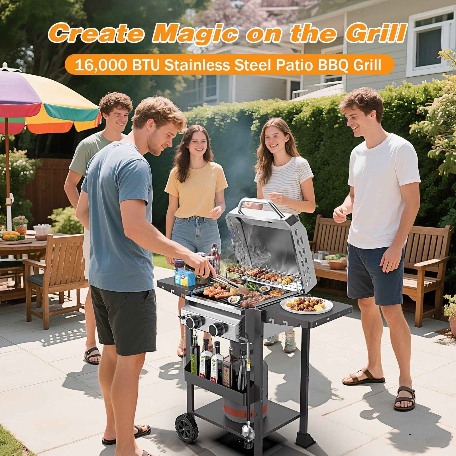 LHRIVER 2 Burner Gas Grill with Side Table, Portable Outdoor Barbecue Cooking BBQ, 16000BTU