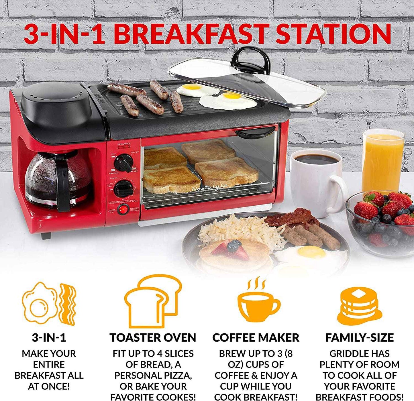 Nostalgia BST3RR 3-in-1 Family Size Multi-Function, Retro Red