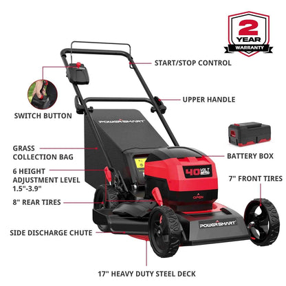 PowerSmart 40V 4.0Ah 17" Cordless Push Lawn Mower, with 3-in-1 Options