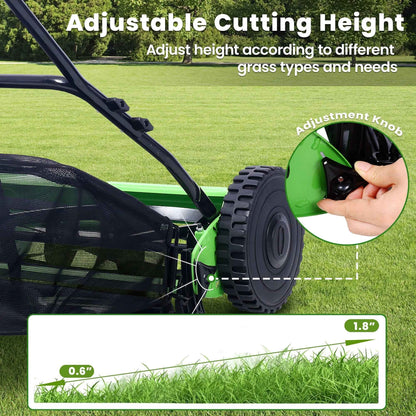 Seizeen Push Lawn Mower, 14-Inch 5-Blade Real Lawn Mover with Grass Catcher, 0.6’’-1.8’’ Height Adjustable Manual Lawn Mower with Bag, Green