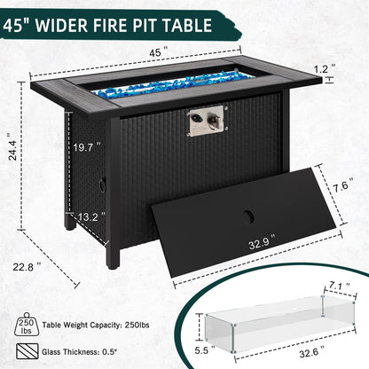 Walsunny 45" Propane Fire Pit Table 50,000 BTU Steel Gas Fire Pit with Removable Lid & Waterproof Cover and Tables - Home OXO