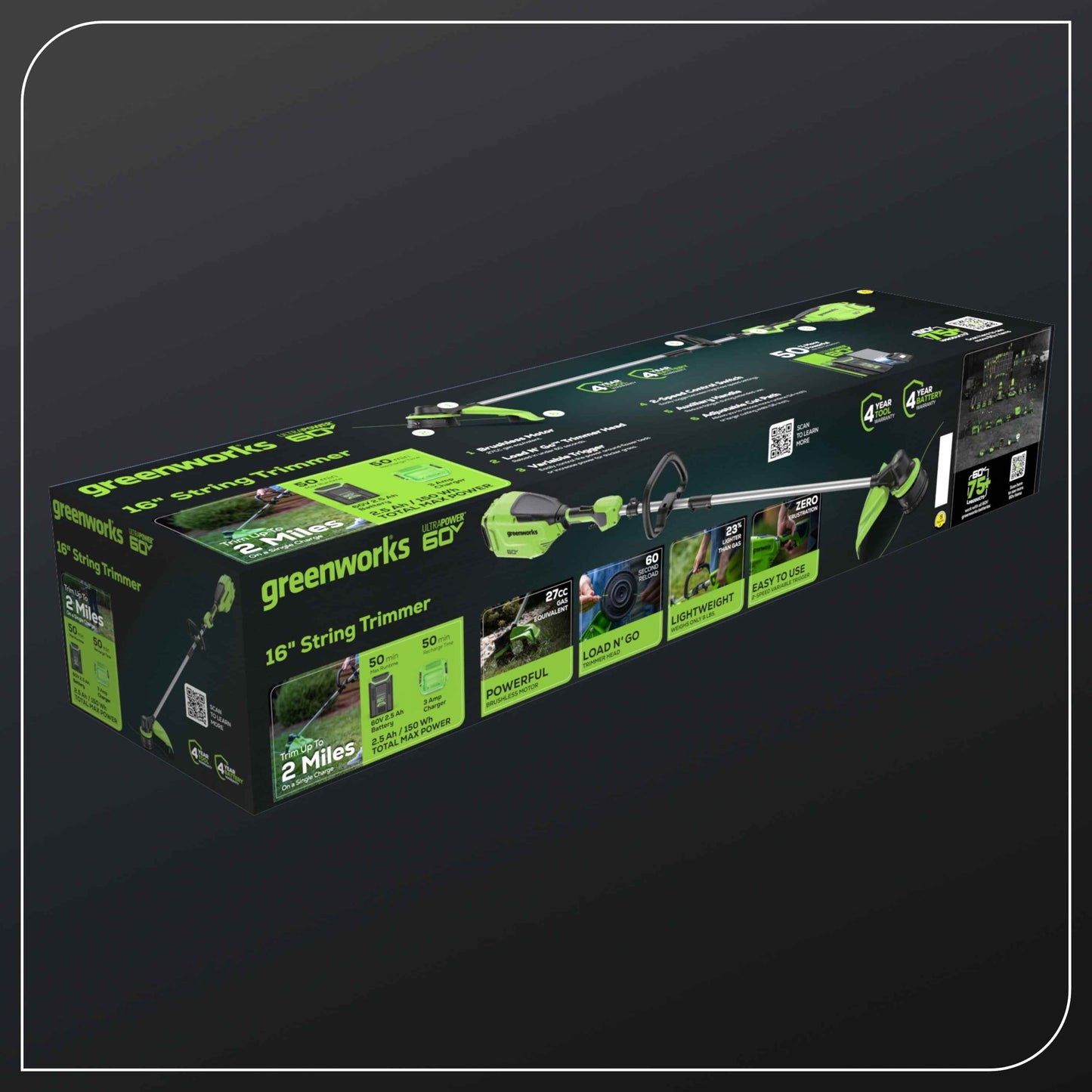 Greenworks 60V 16” Front Mount String Trimmer + 2.5Ah Battery & 3A Charger 2134302