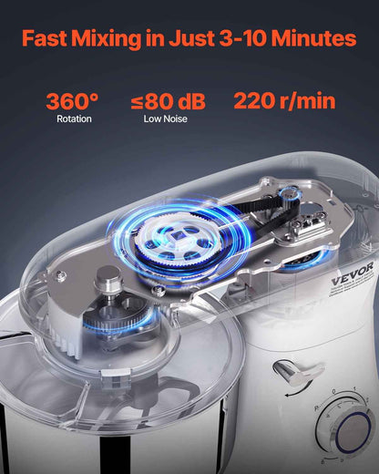 VEVOR Stand Mixer, 6 QT Dough Mixer, 660W 6 + P Speeds Tilt-head Food Mixer with Stainless Steel Bowl, Dough Hook, Wire Whip, Flat Beater, Scraper, Household Stand Mixer for Baking & Mixing, White