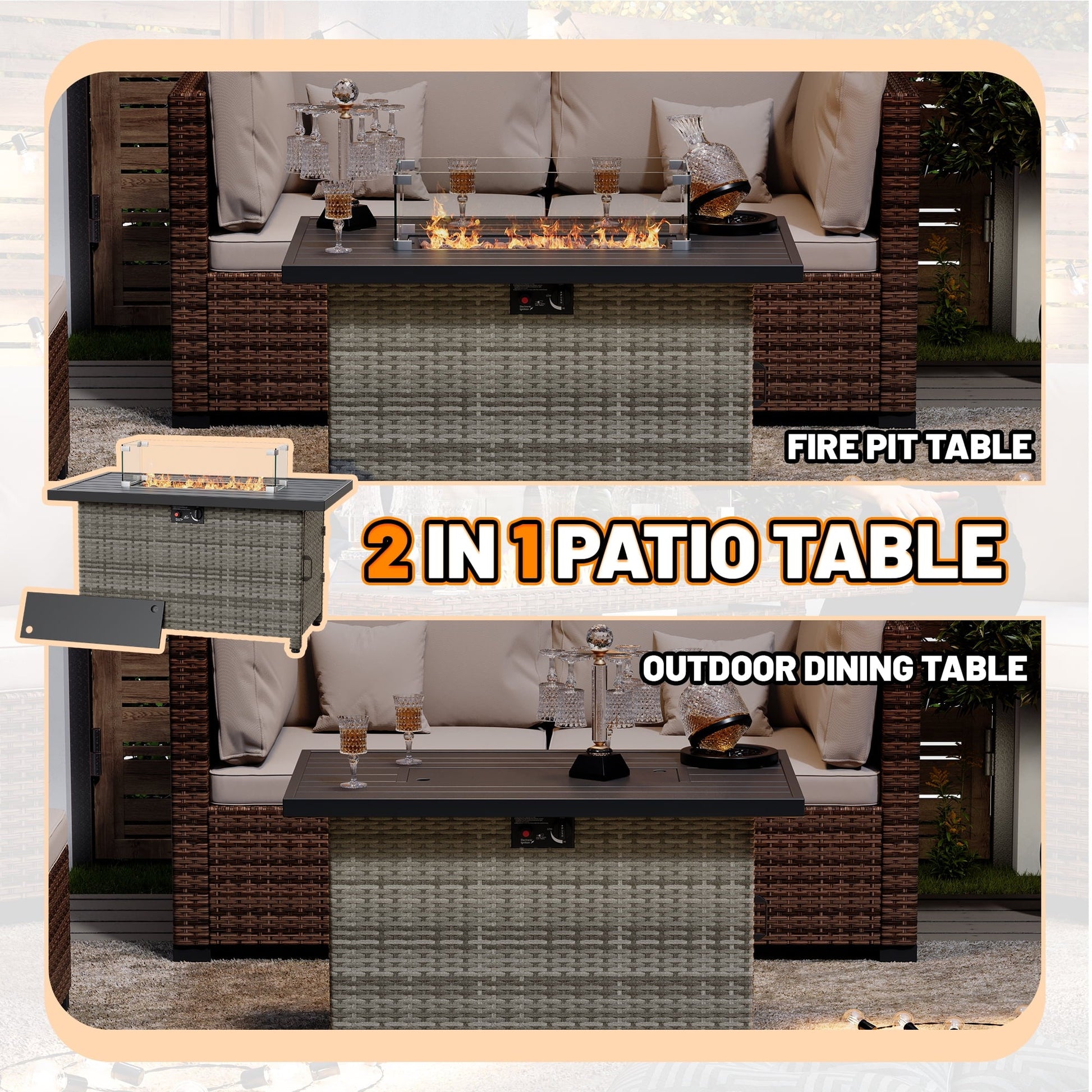 44 Inch Outdoor Wicker Fire Pit Table, 50000 BTU Propane Fire Pits with Glass Wind Guard and Lid, Patio Gas Fire Pit for Outside Patio and Garden(Grey) - Home OXO